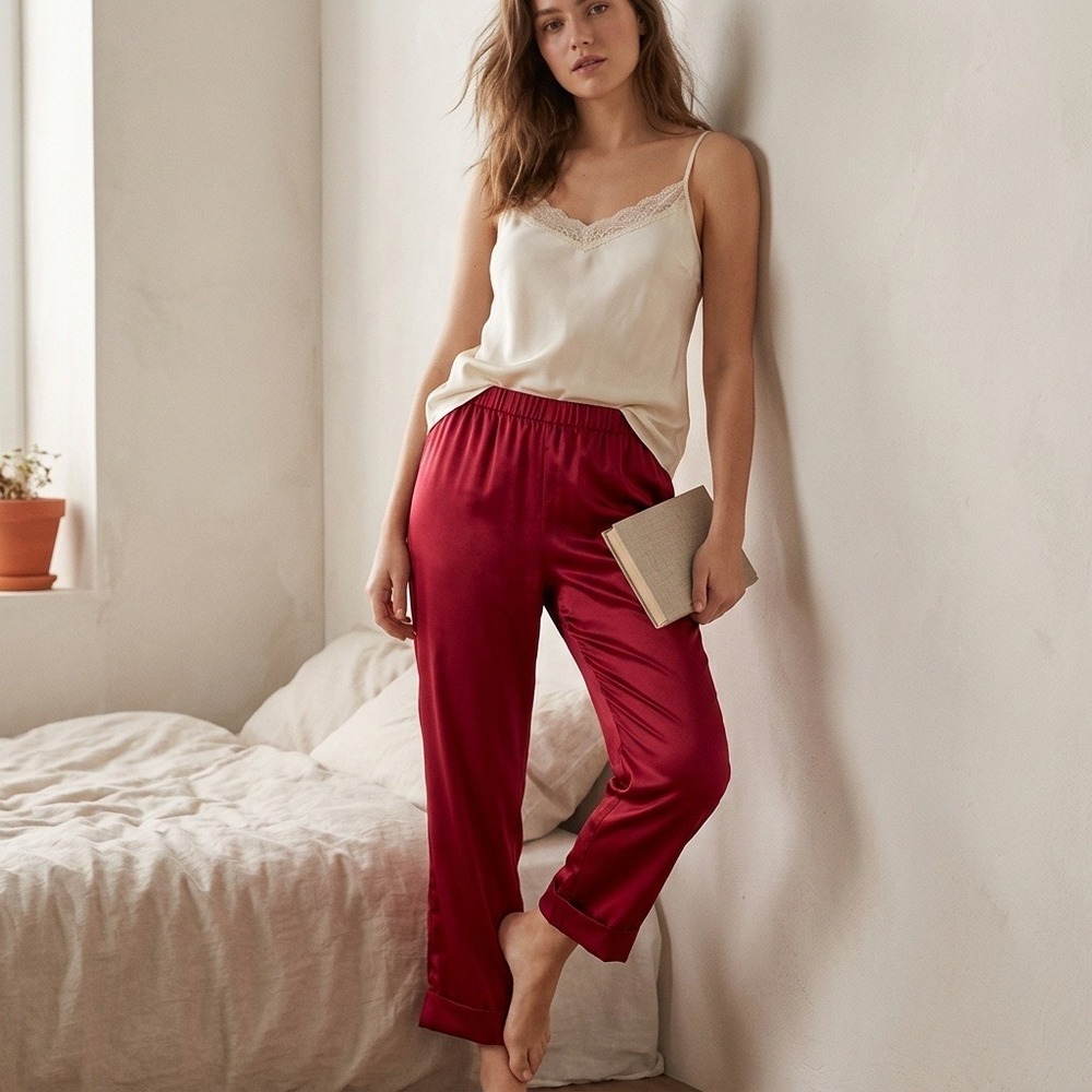 Intimissimi Women Pants Medium Red Silk Elastic Waist Lounge Coquette Romantic
